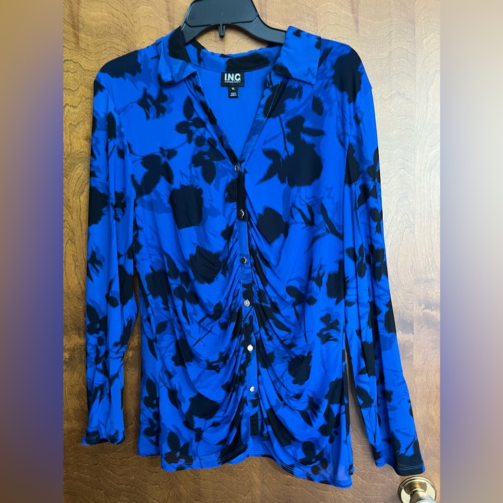 INC International Concepts Blue and Black Patterned LS Blouse Size XL NWOT